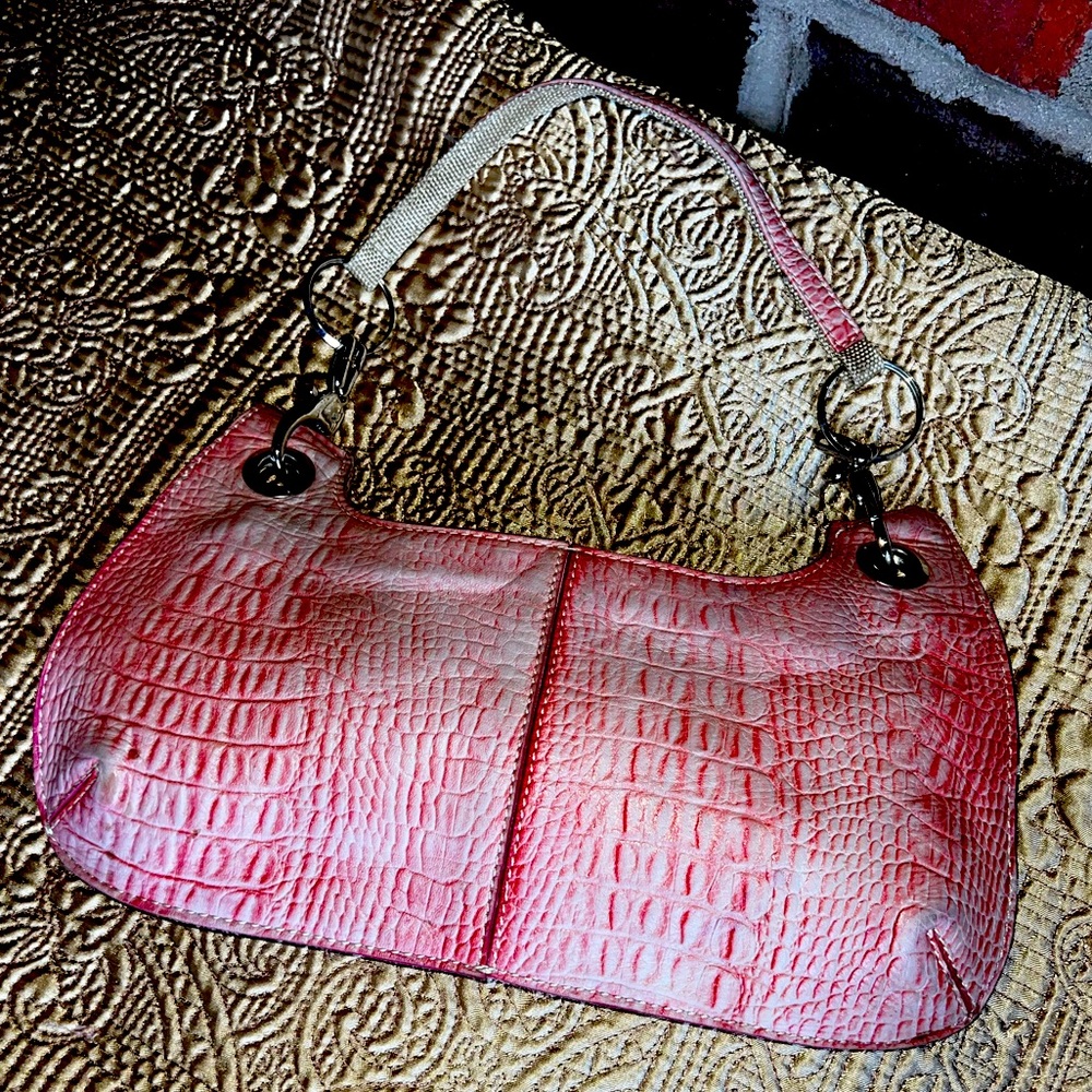 Salmon pink crocodile print purse